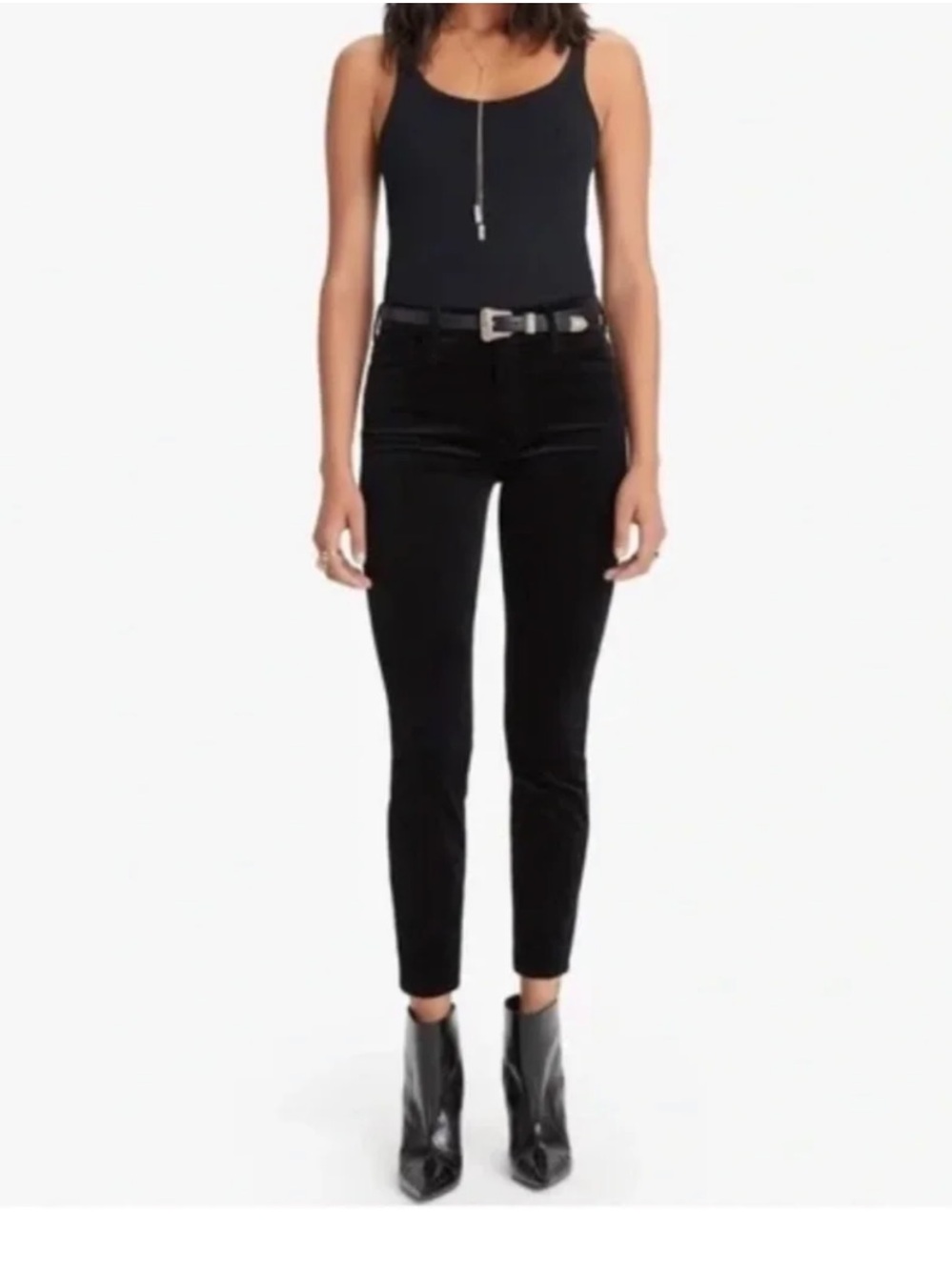 MOTHER High Waisted Looker Ankle Velvet Pants Soft Skills Black Size 24